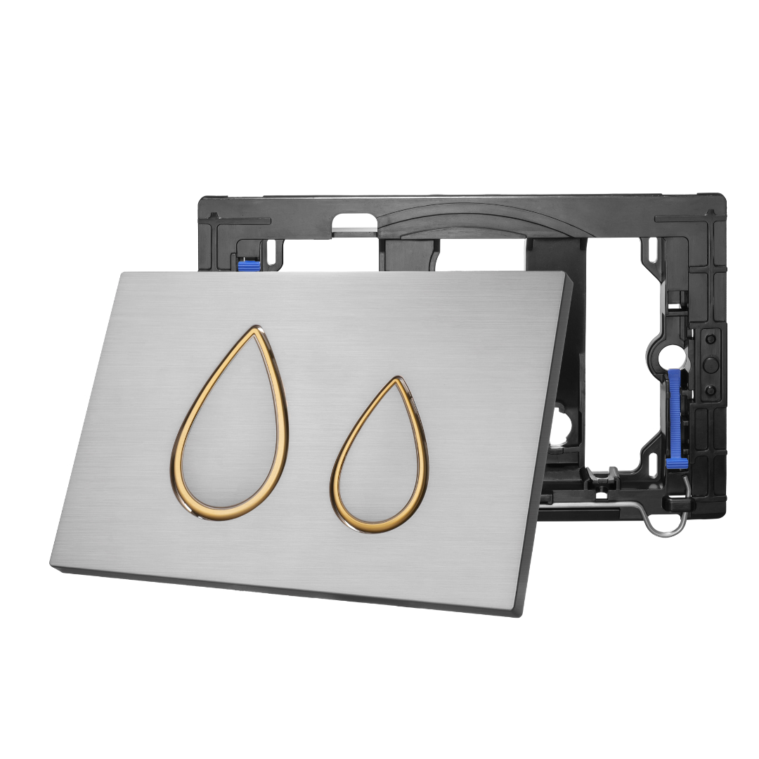 Angled T2813 flush plate with gold-trimmed buttons and supporting frame