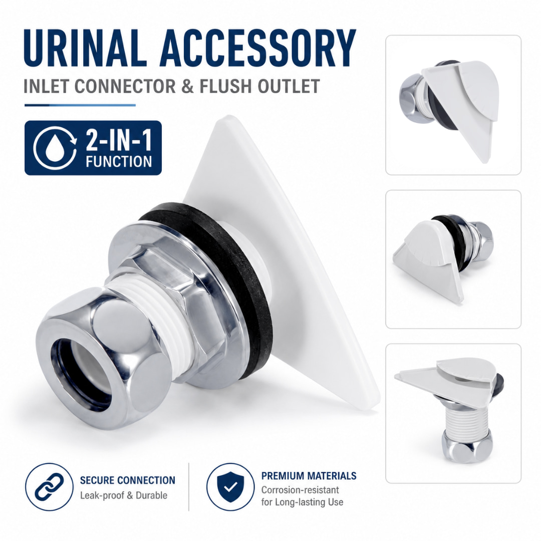 Urinal flush spreader with threaded connector, sealing gasket and lock nut for wall-hung ceramic urinals